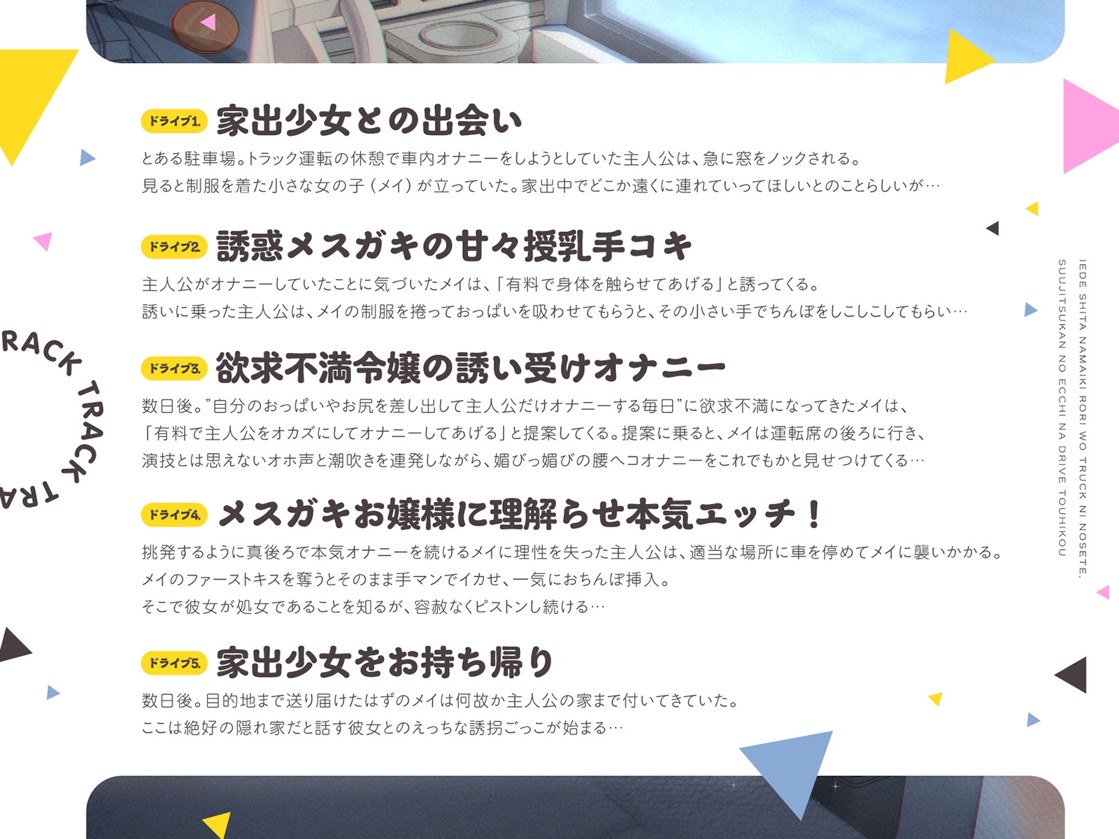 【早期購入割引】家出した生意気ロリをトラックに乗せて、数日間のえっちなドライブ逃避行(KU100マイク収録作品)