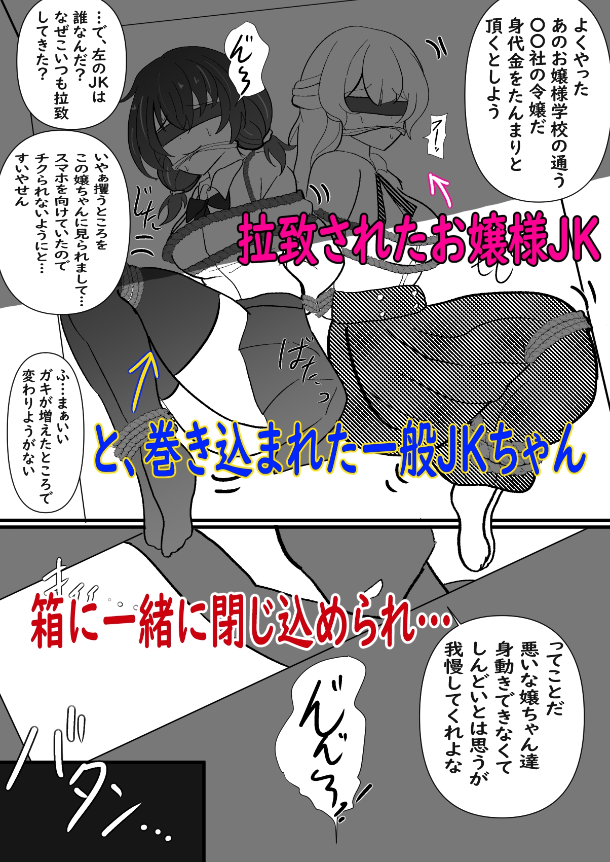 拉致されたお嬢様JKと巻き込まれたJKちゃんが縛られて箱に閉じ込められるだけのお話