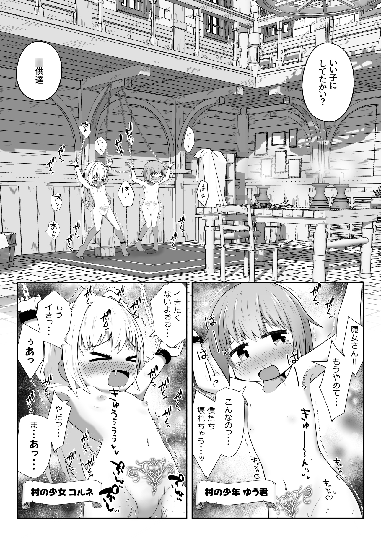 魔女に囚われた少年少女がひたすら絶頂させられて体液を搾り取られるお話