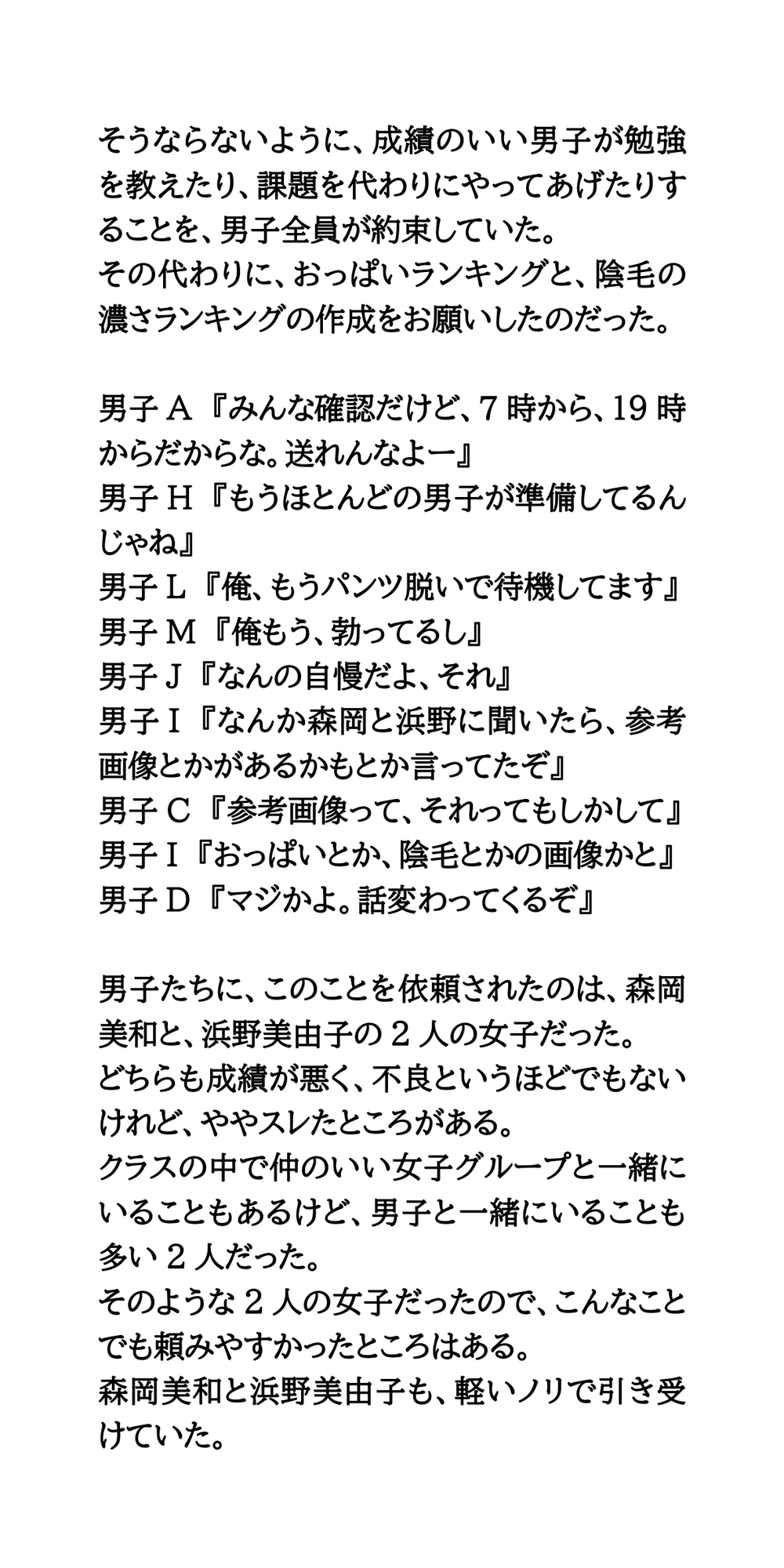 クラスの男子グループライン。女子のおっぱいランキング、下の毛の濃さランキング