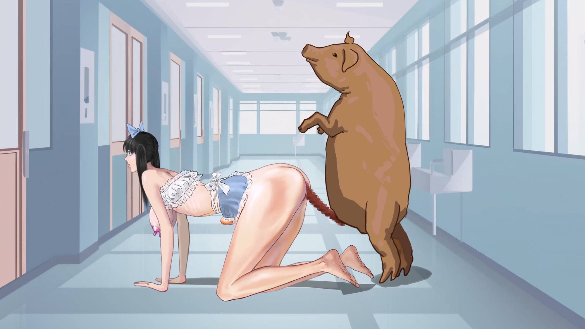 学校の廊下で豚にレ○プされたメイドのお腹が膨らむ