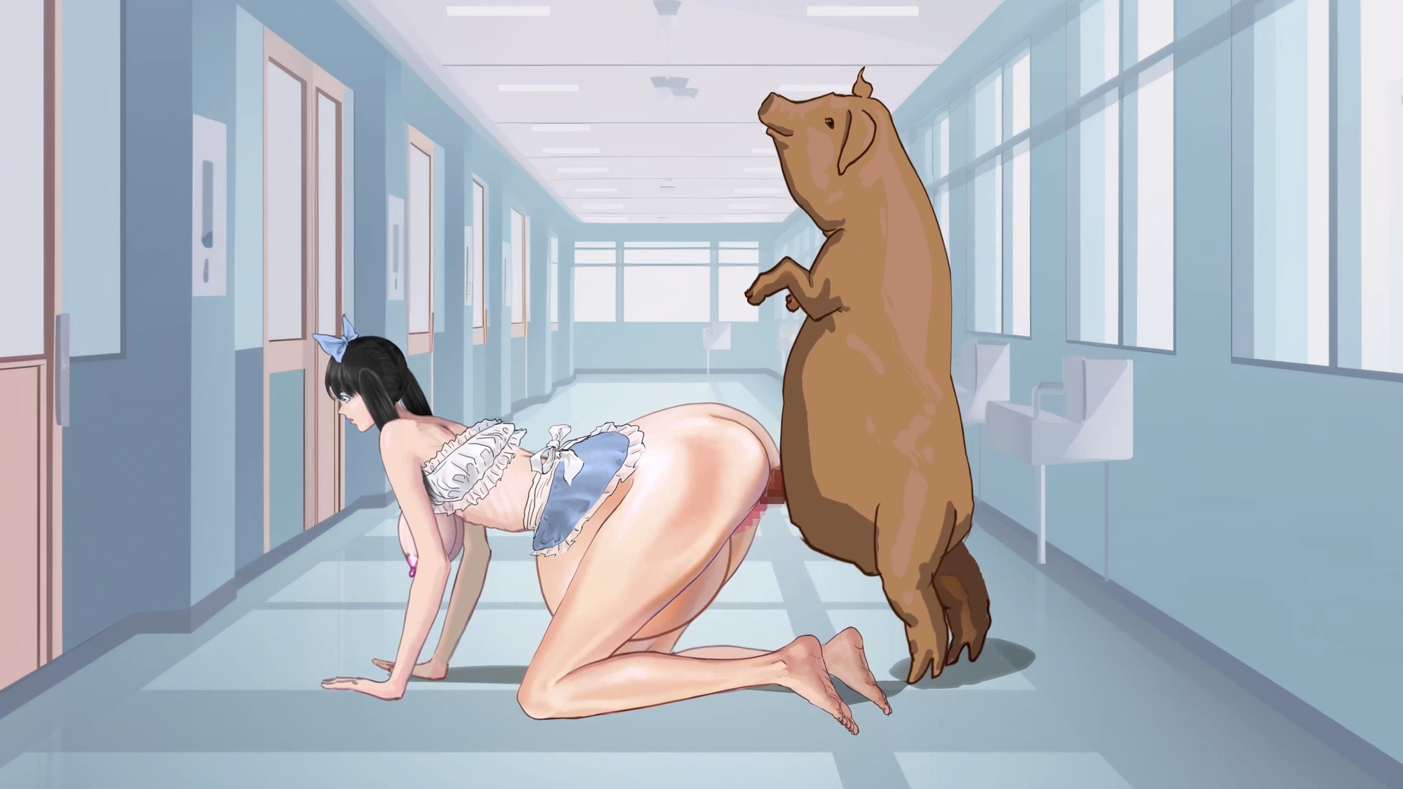 学校の廊下で豚にレ○プされたメイドのお腹が膨らむ