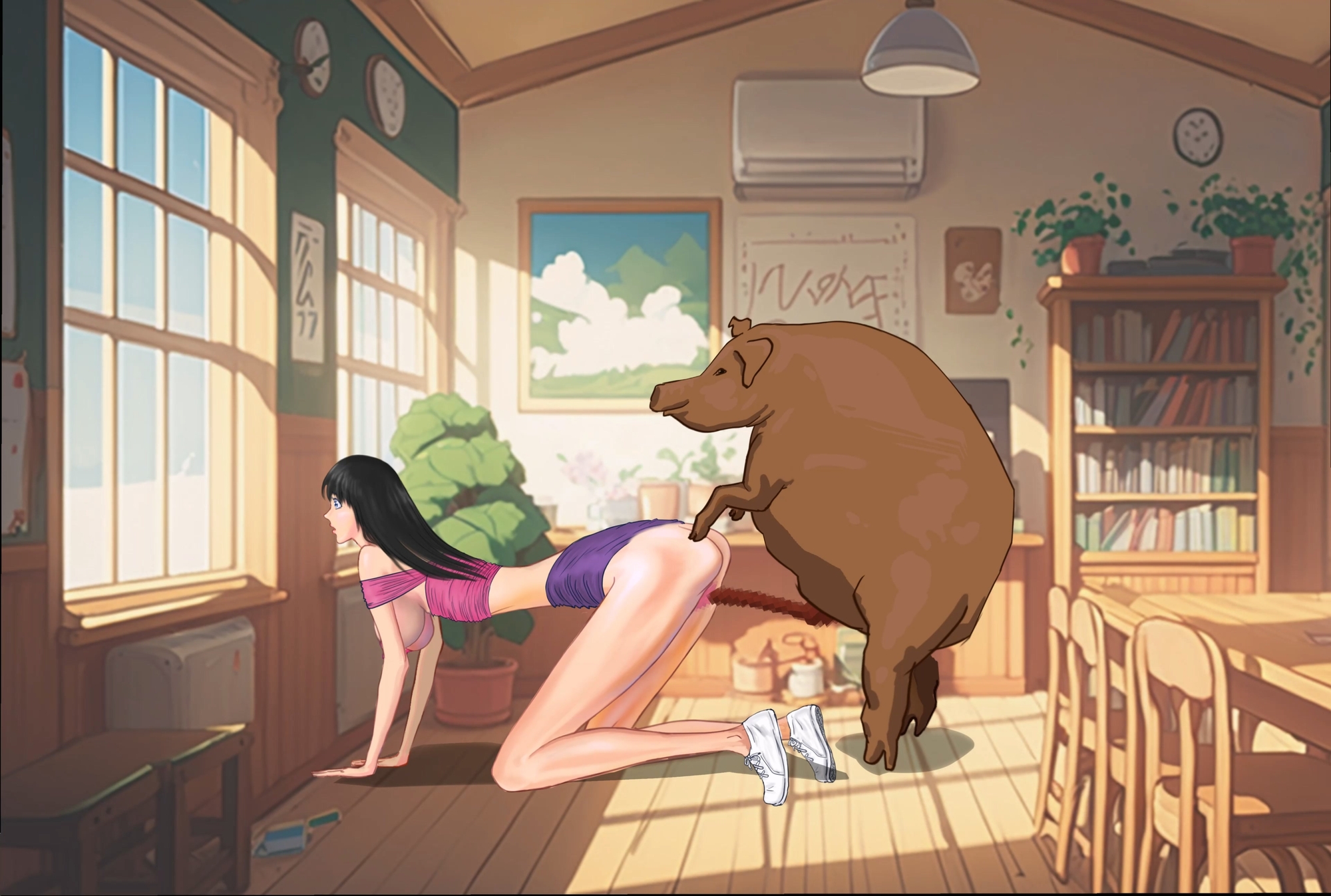 細身の女子生徒が教室で家畜の豚に腹が膨らむまで強○された