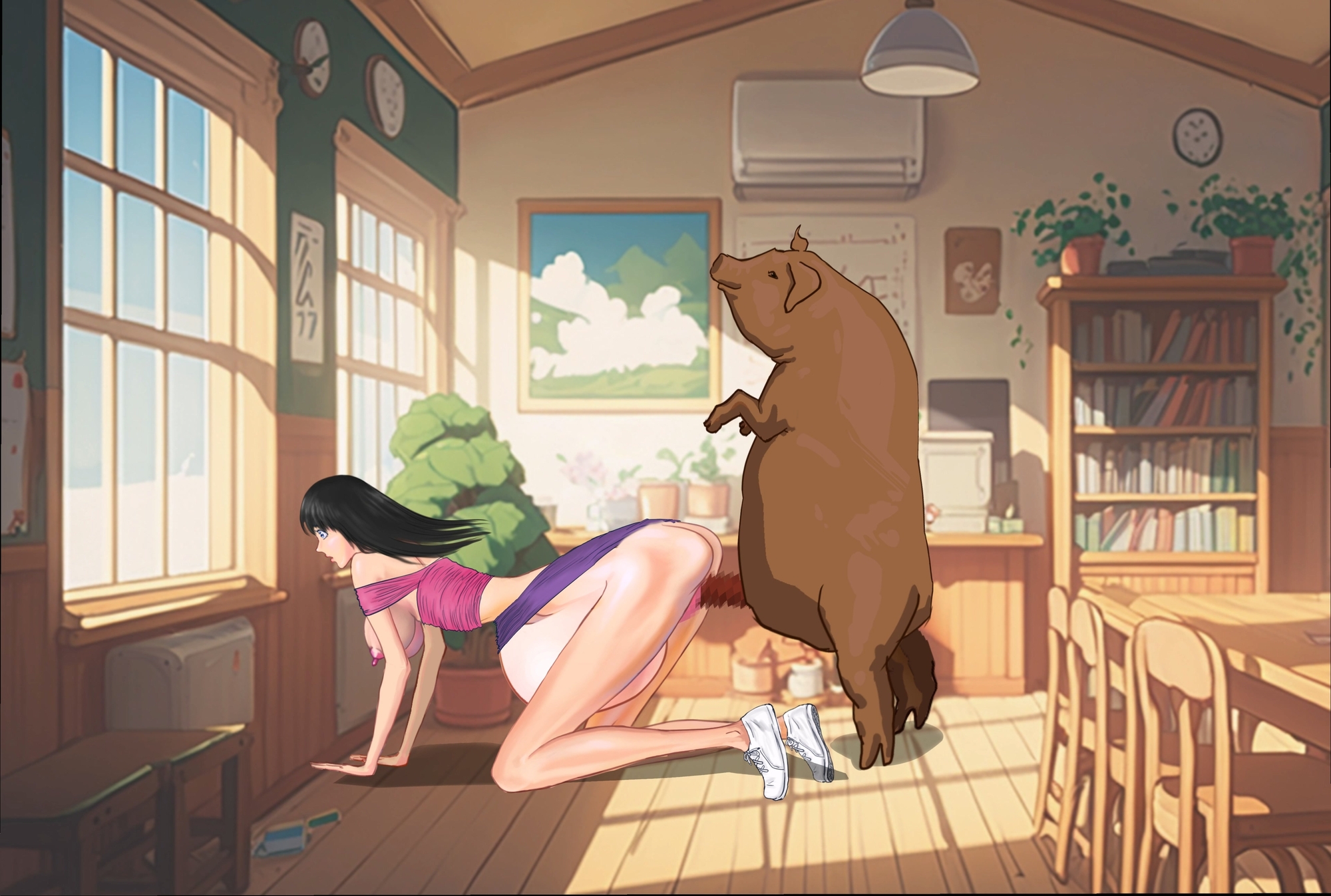 細身の女子生徒が教室で家畜の豚に腹が膨らむまで強○された