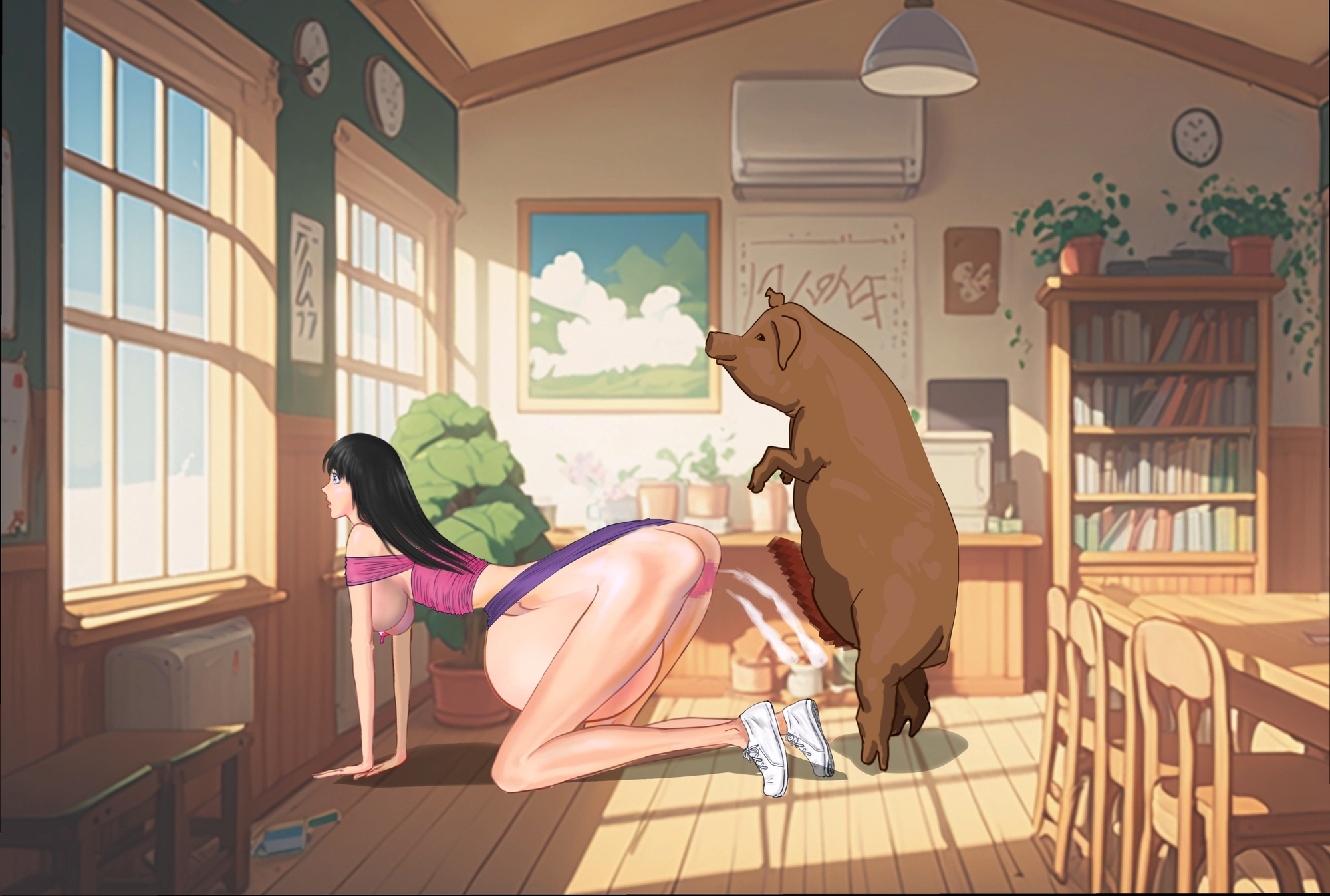 細身の女子生徒が教室で家畜の豚に腹が膨らむまで強○された