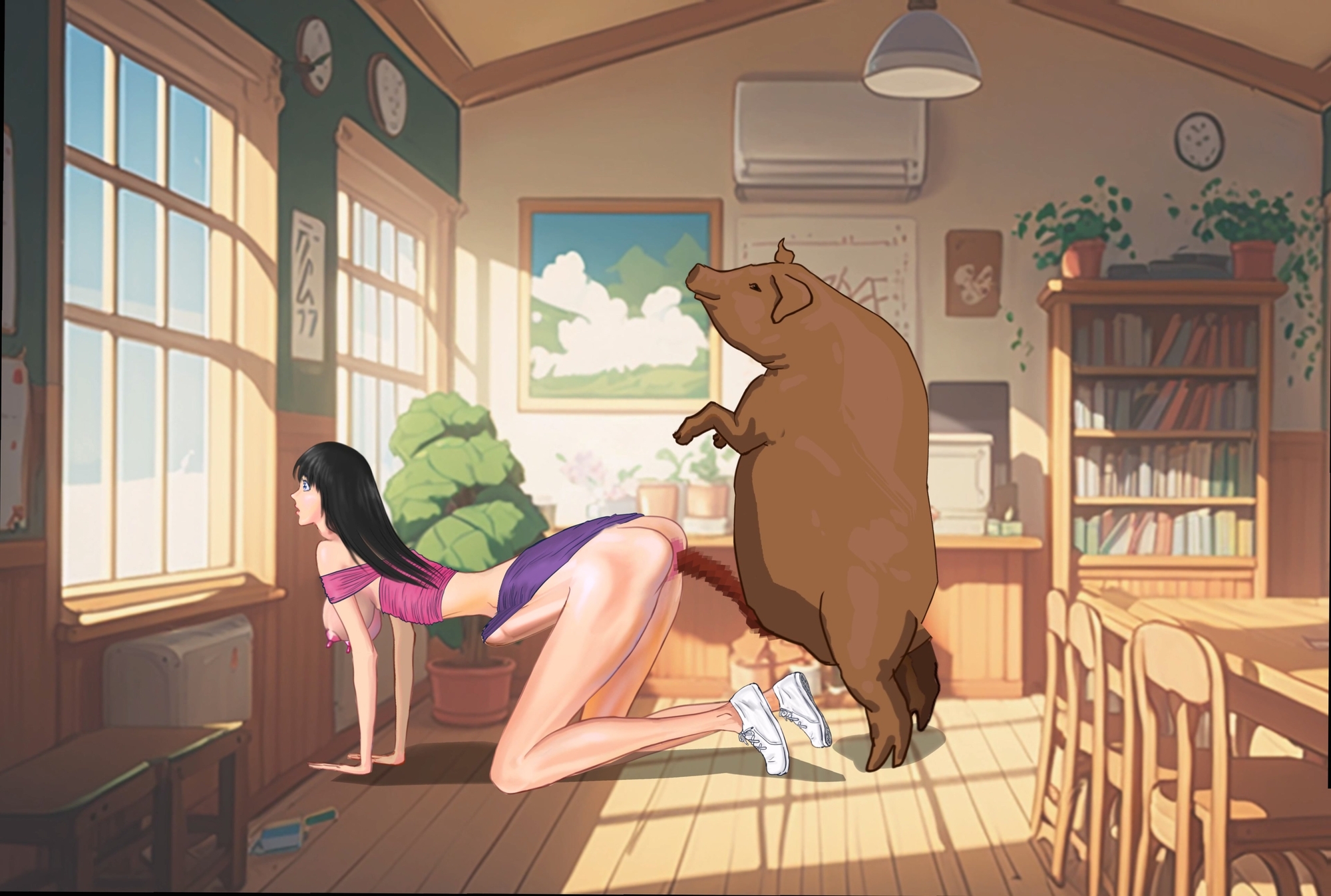 細身の女子生徒が教室で家畜の豚に腹が膨らむまで強○された