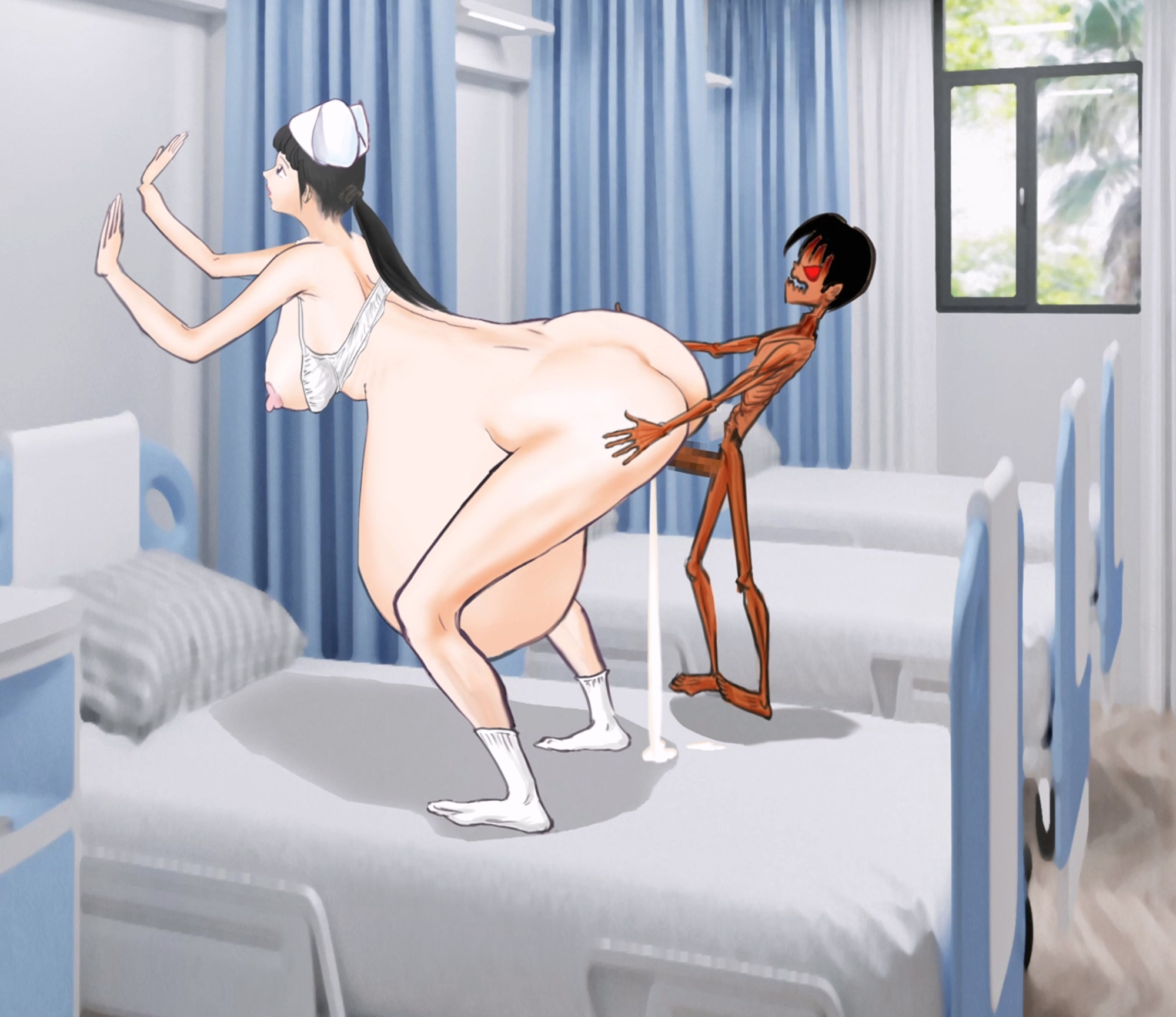 ピンクの看護師は病棟で患者に犯され、膣が脱出した胃の膨張