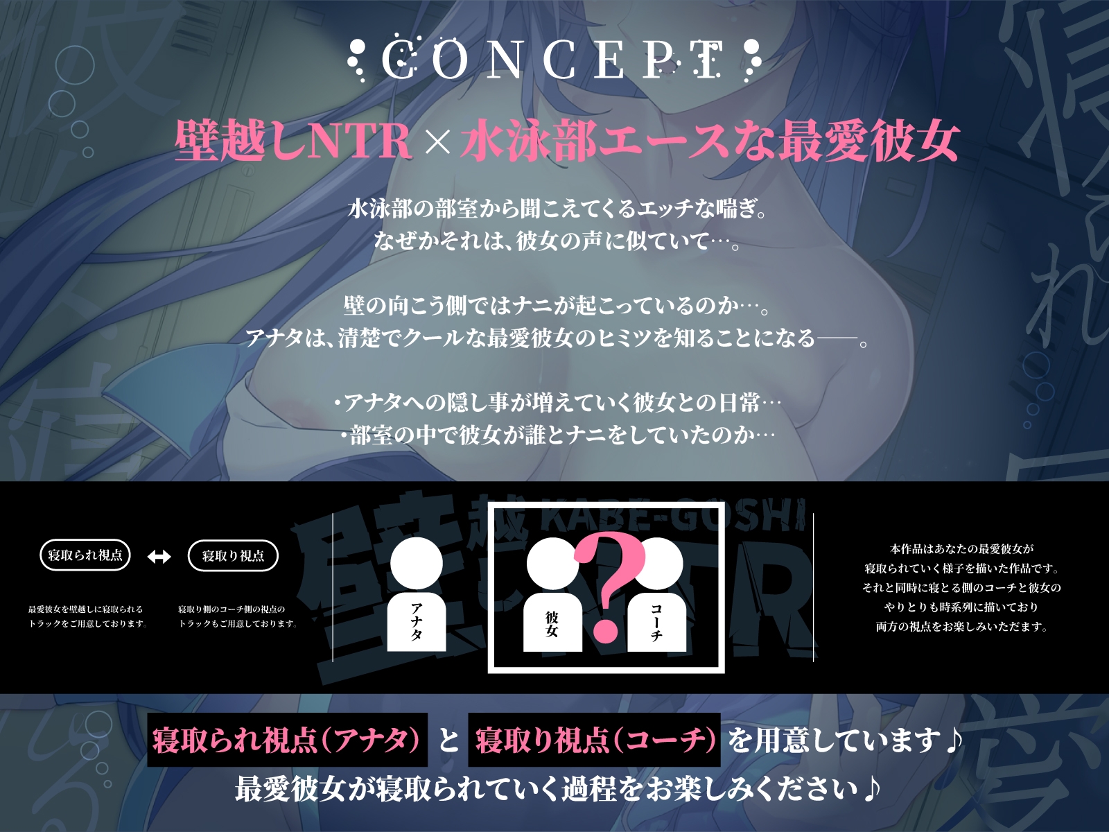 【壁越しNTR】水泳部エースな最愛彼女がデカチンコーチに寝取られるまで～部室から聞こえる、僕の知らない下品なメス声～
