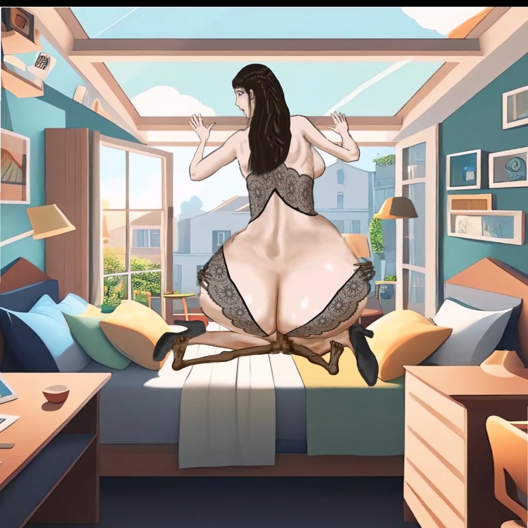 黒いストッキングを履いた背の高い若い女性が、巨大なお尻で家庭的な男の長いペニスに乗る