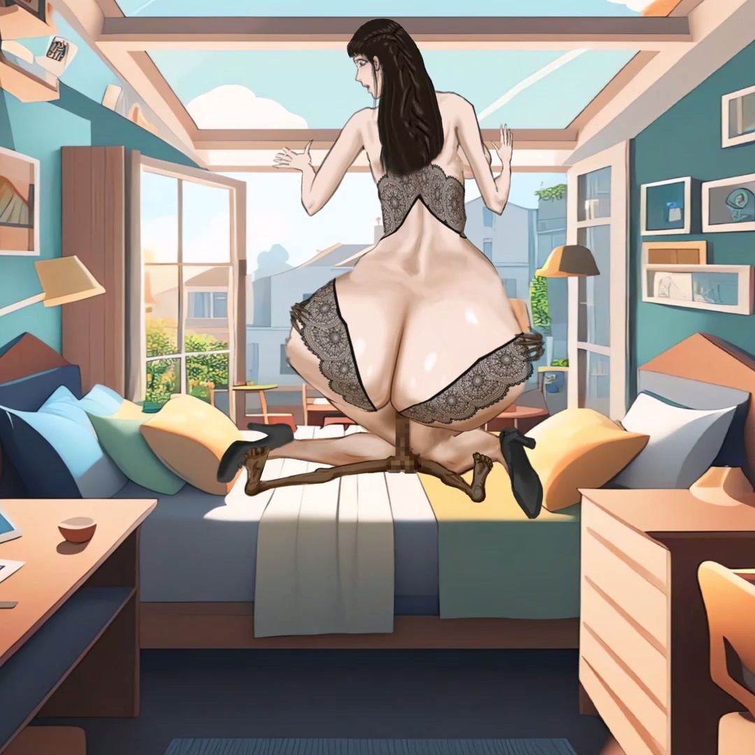 黒いストッキングを履いた背の高い若い女性が、巨大なお尻で家庭的な男の長いペニスに乗る