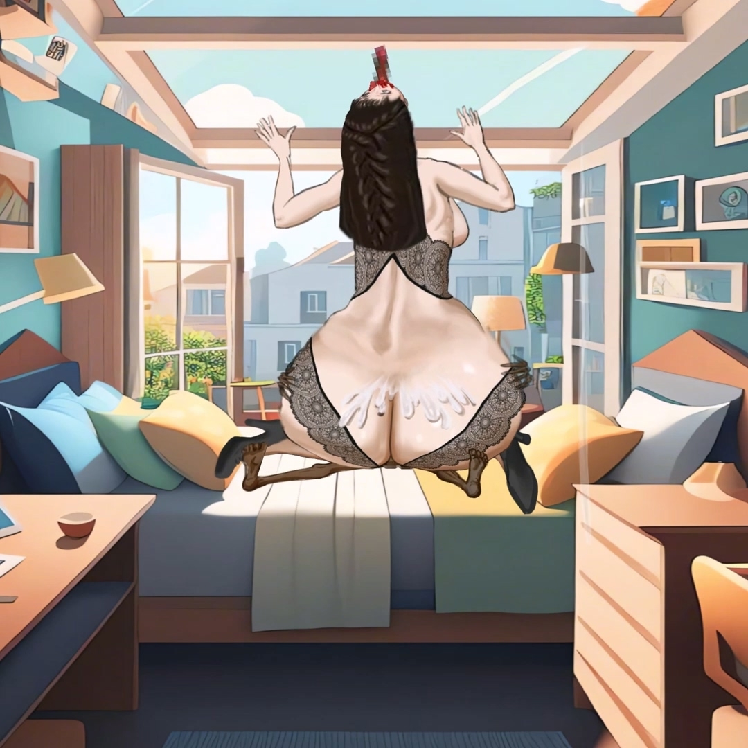 黒いストッキングを履いた背の高い若い女性が、巨大なお尻で家庭的な男の長いペニスに乗る