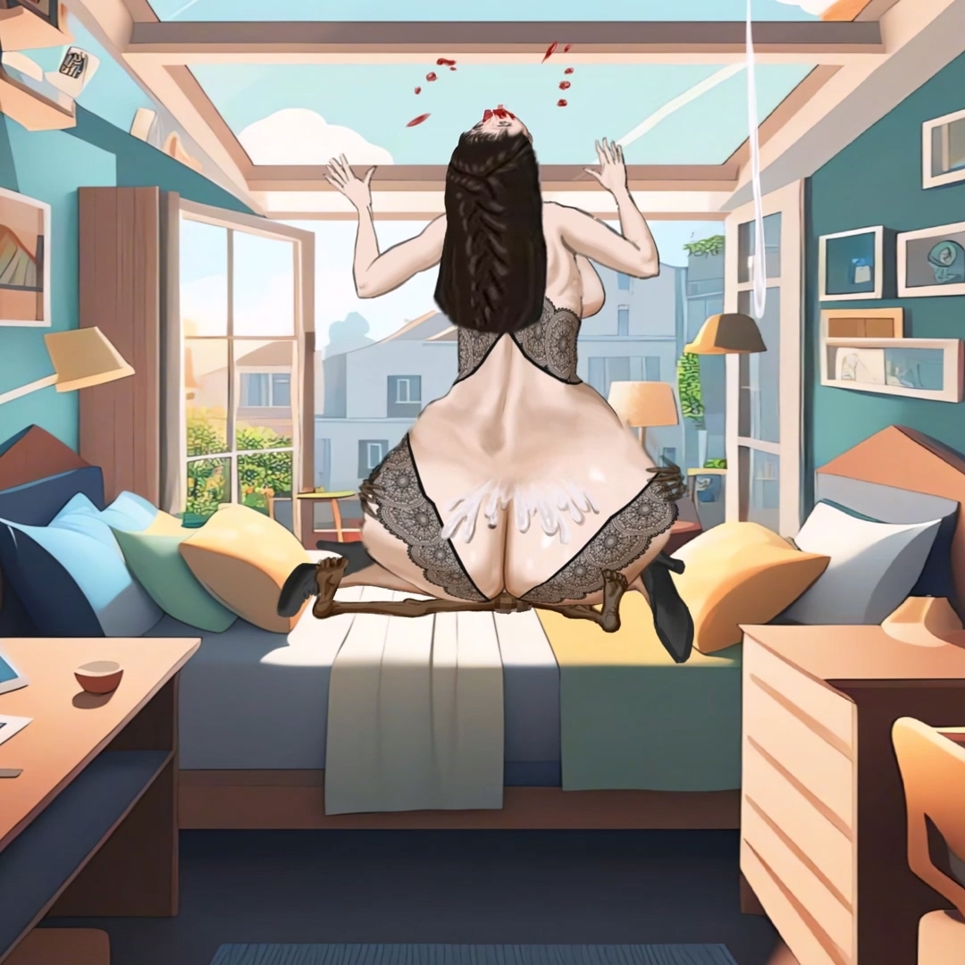 黒いストッキングを履いた背の高い若い女性が、巨大なお尻で家庭的な男の長いペニスに乗る