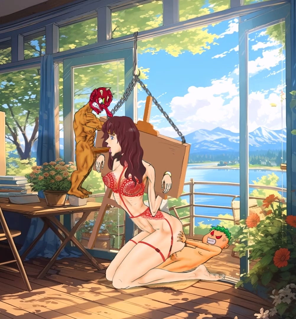 バルコニーの美脚モデルが二人の兄弟に犯される