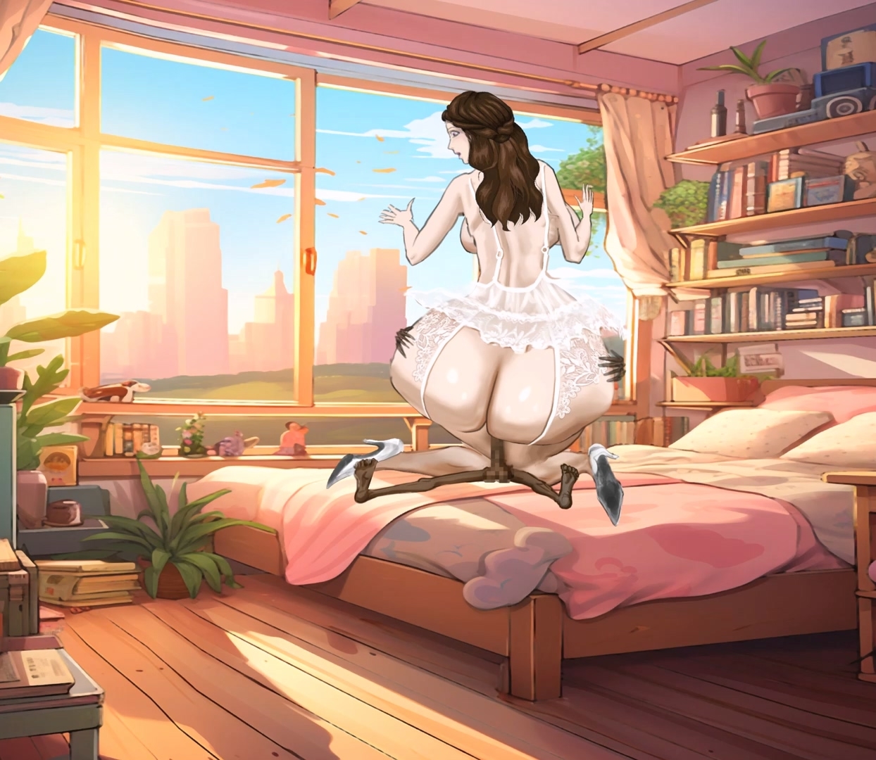 白いシルクストッキングと巨乳の若い女性が、隣に住む痩せた男の超長いチンポを巨大なお尻で乗る