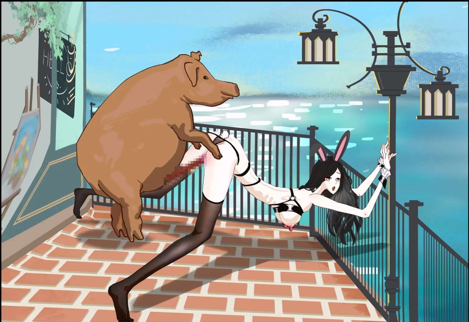 細身の黒シルクバニーガールがG4653のバルコニーで太った豚に犯された