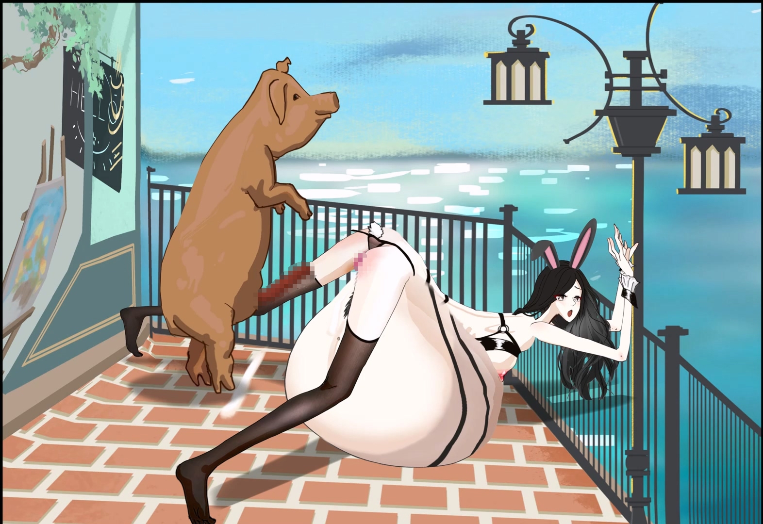 細身の黒シルクバニーガールがG4653のバルコニーで太った豚に犯された