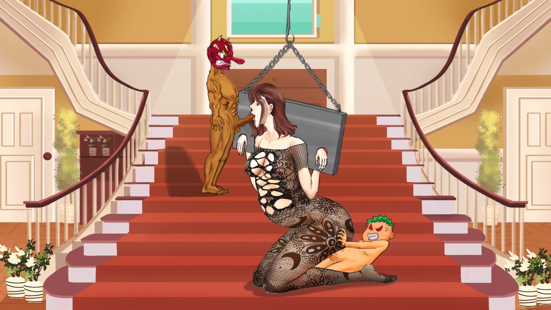 黒い網タイツを履いた女奴○が屋敷で二人の兄弟に犯される