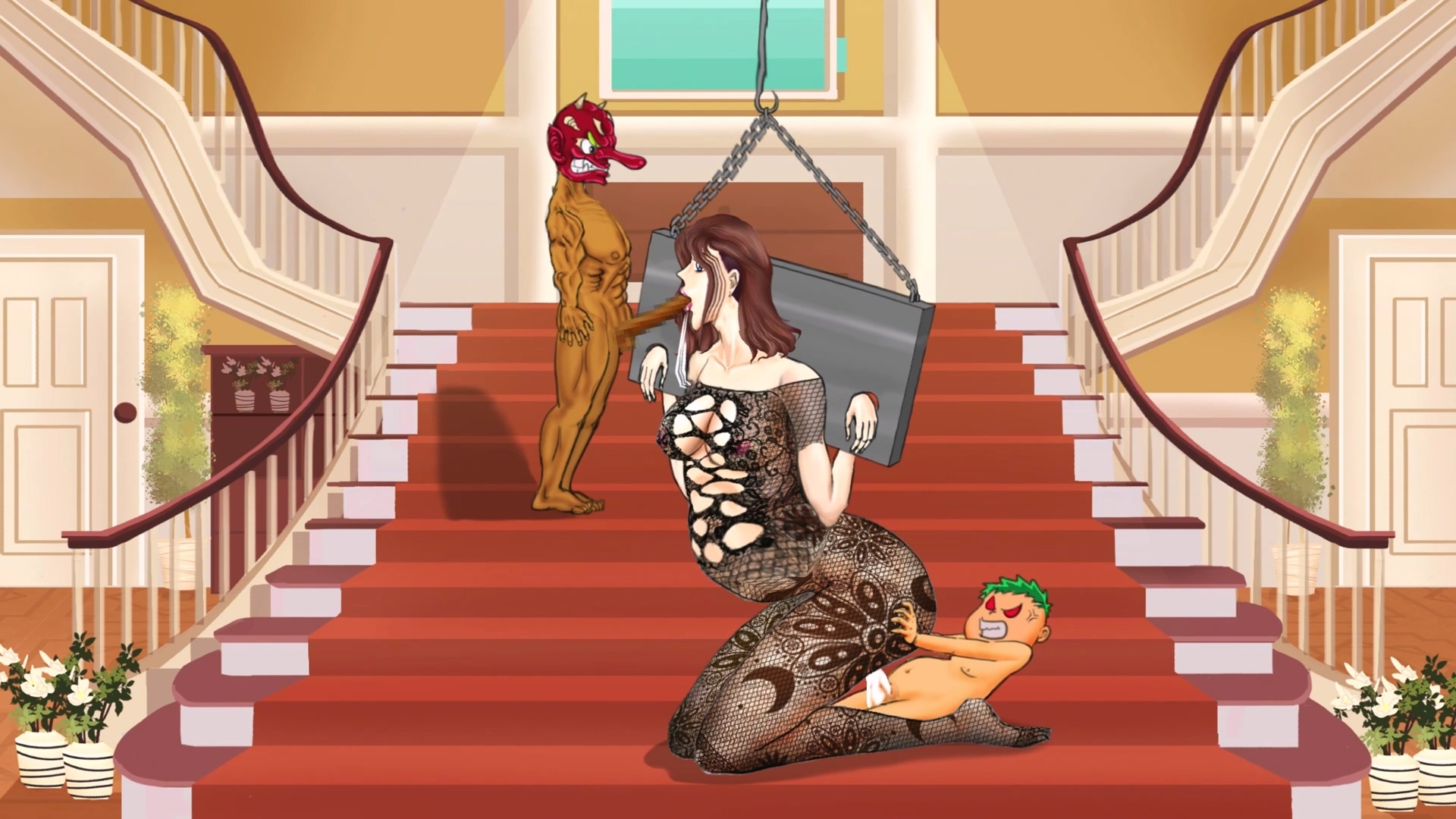 黒い網タイツを履いた女奴○が屋敷で二人の兄弟に犯される