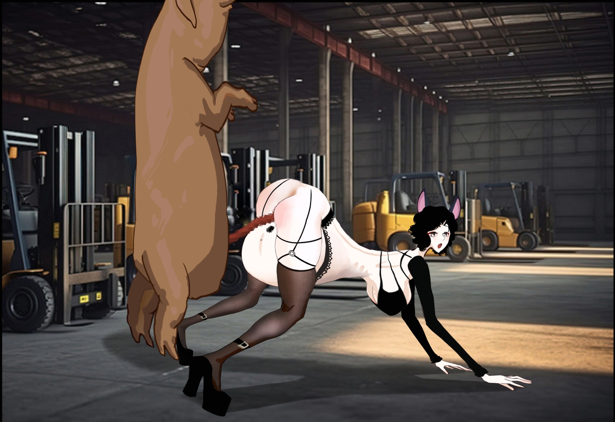 フォークリフト工場で豚に犯される黒シルクの猫娘奴○