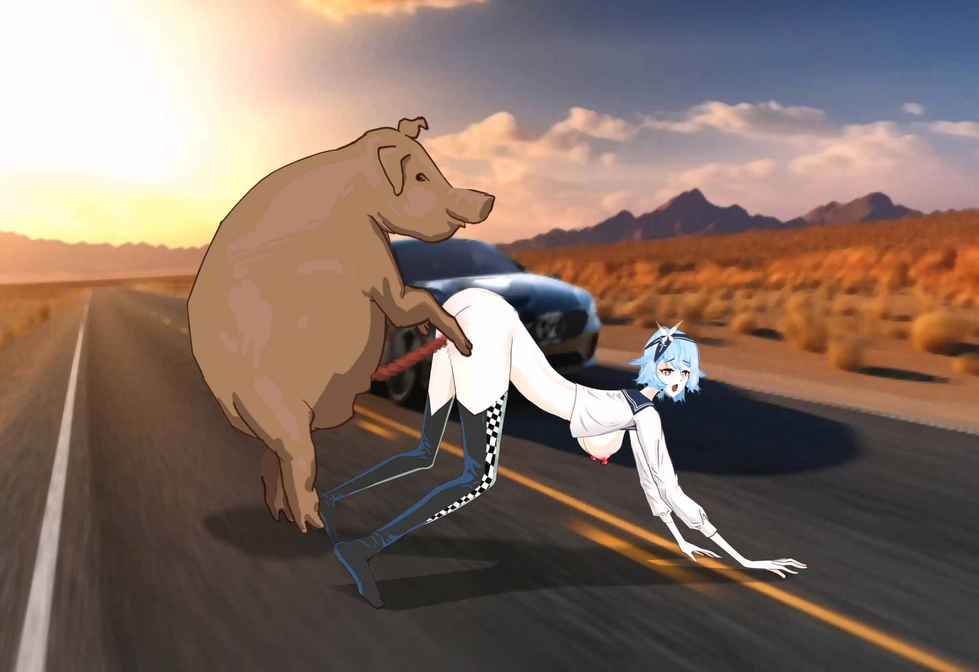 女性レーサーが道端で豚に犯される