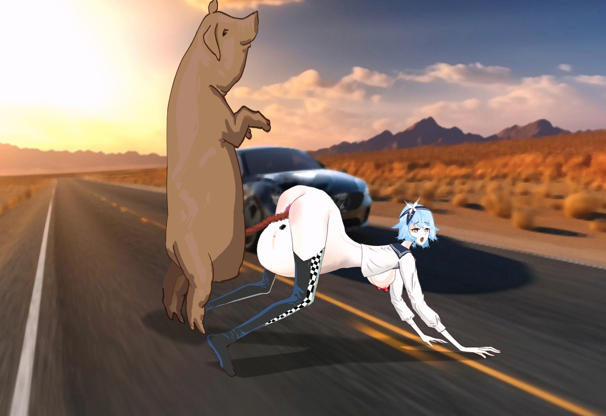 女性レーサーが道端で豚に犯される