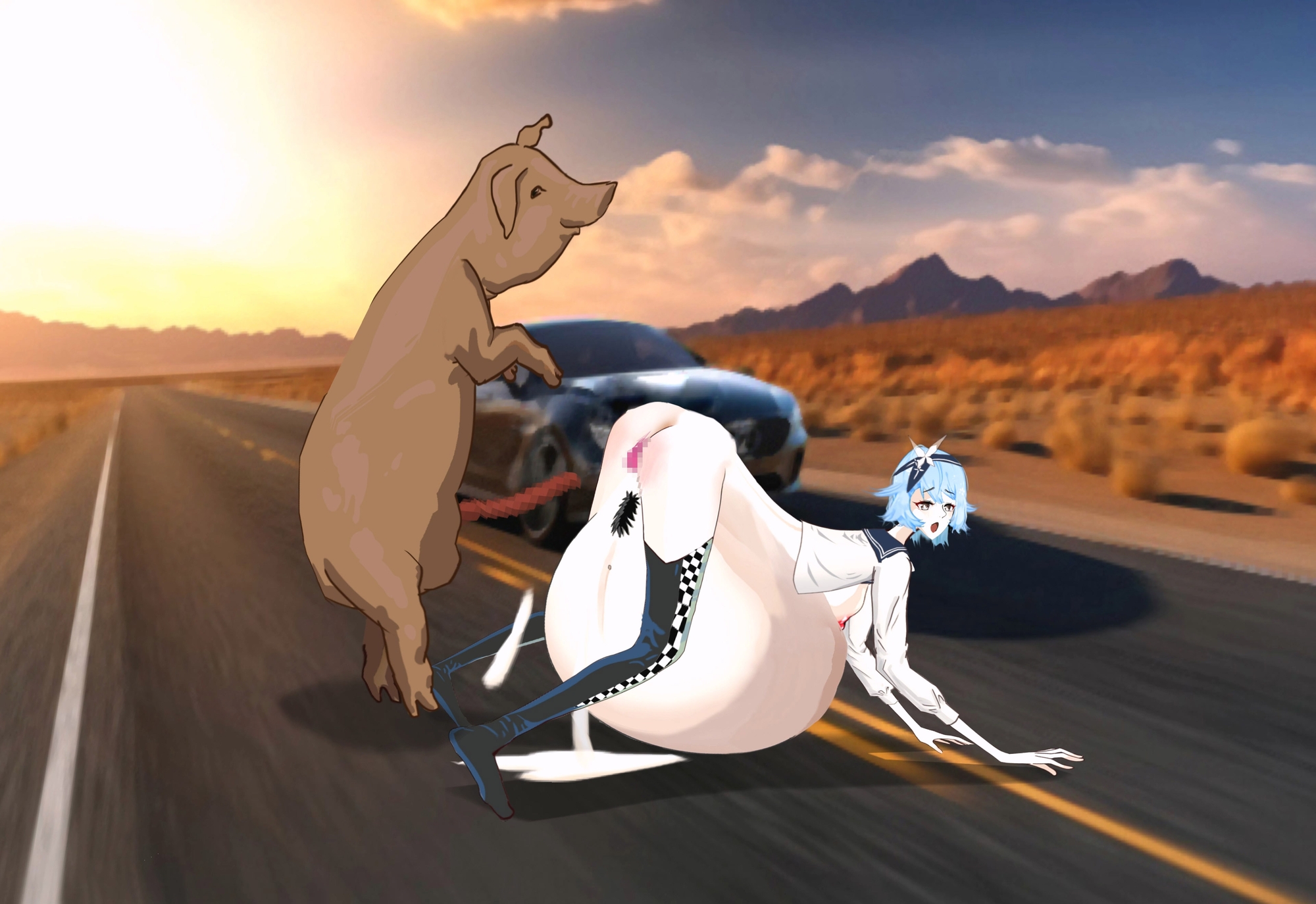 女性レーサーが道端で豚に犯される