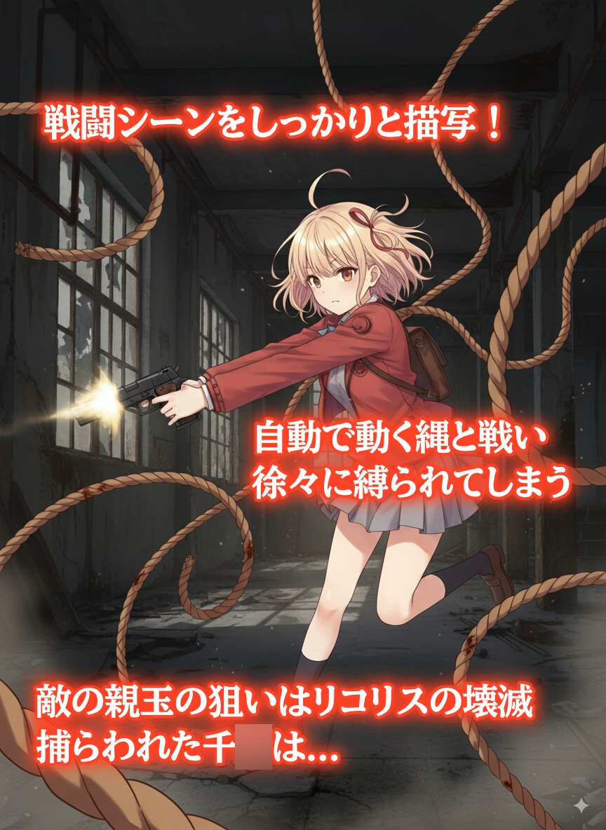 ぐるぐる巻きに緊縛されたリコリス【猿轡】