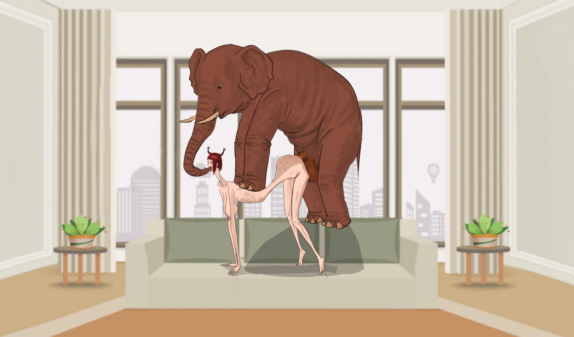 細身で長髪をおさげにした女性が、リビングルームのソファーで象に性的暴行を受け、膣脱を負った