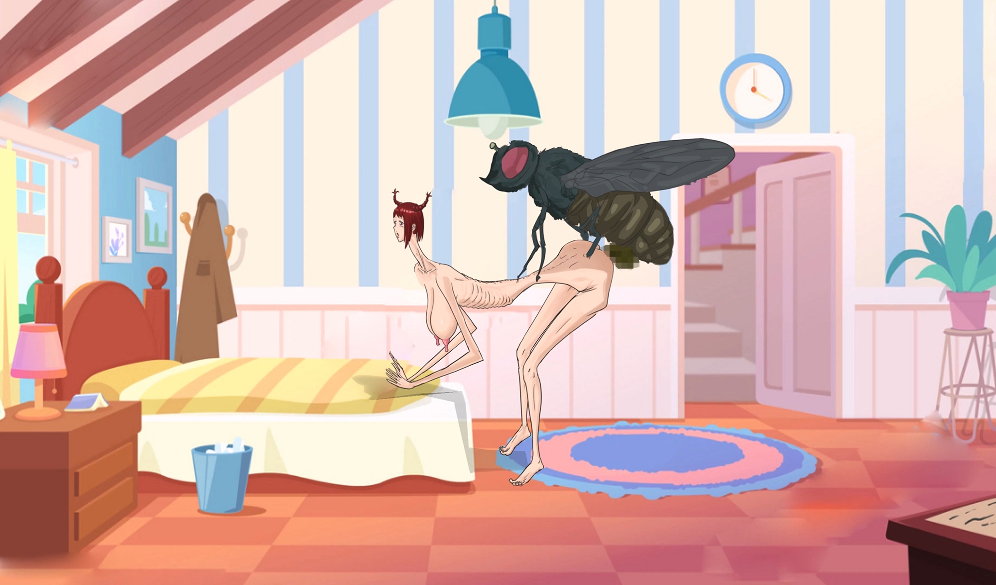 背が高くて細身の女性が寝室のベッドでハエに性的暴行を受け、膣脱を患った