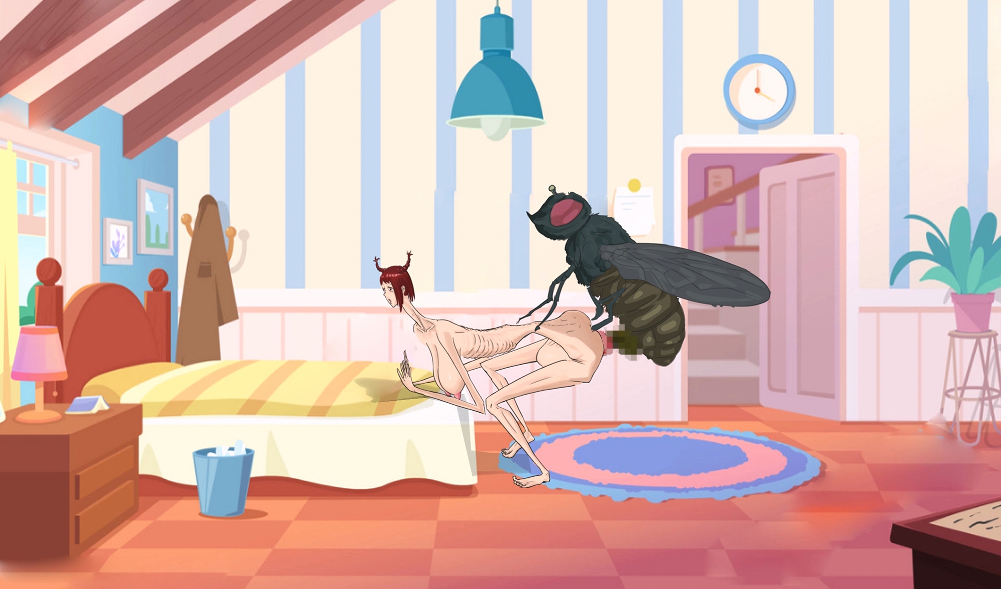 背が高くて細身の女性が寝室のベッドでハエに性的暴行を受け、膣脱を患った