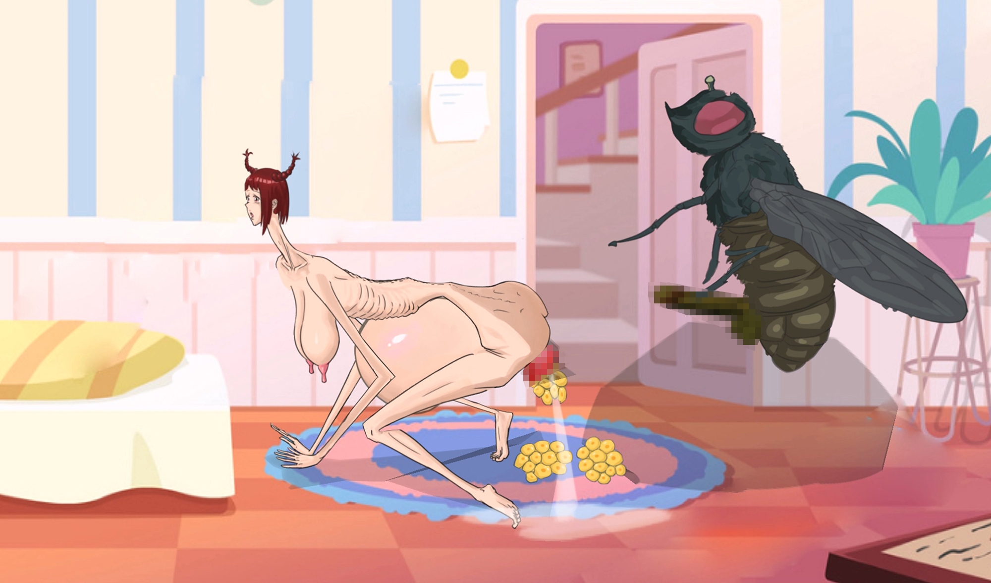 背が高くて細身の女性が寝室のベッドでハエに性的暴行を受け、膣脱を患った