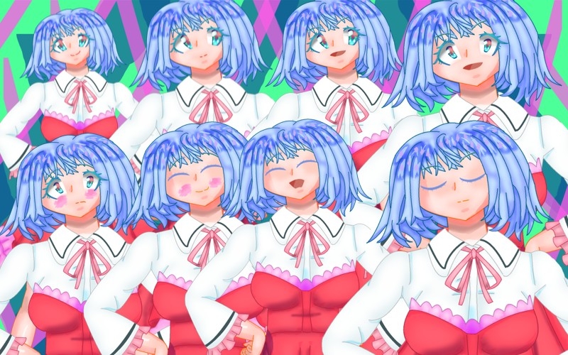 立ち絵素材30全裸,衣装差分つき表情差分20種フリルワンピースの蒼髪女の子