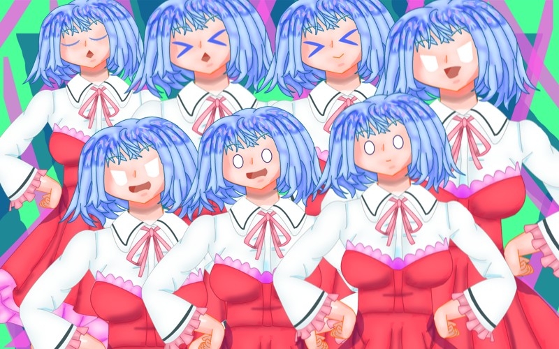 立ち絵素材30全裸,衣装差分つき表情差分20種フリルワンピースの蒼髪女の子