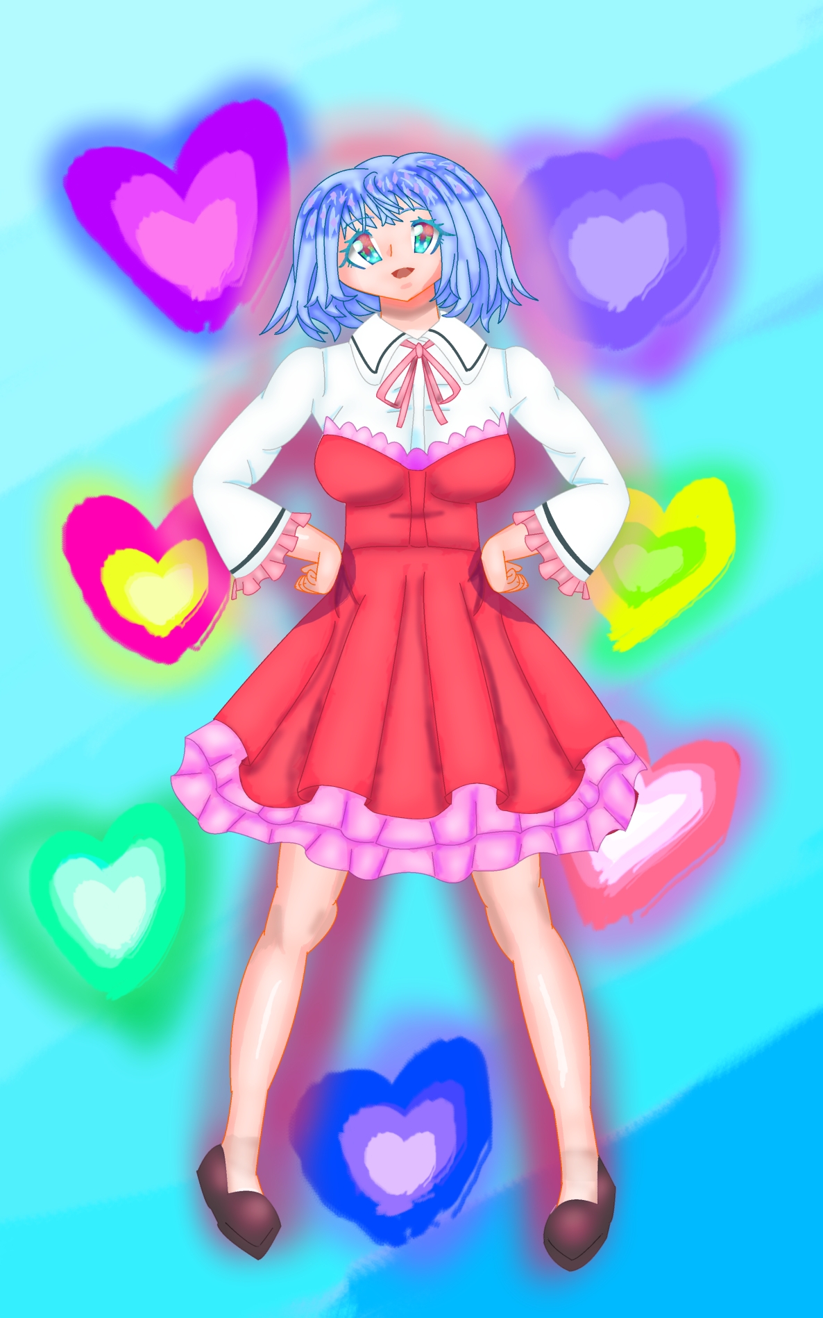 立ち絵素材30全裸,衣装差分つき表情差分20種フリルワンピースの蒼髪女の子