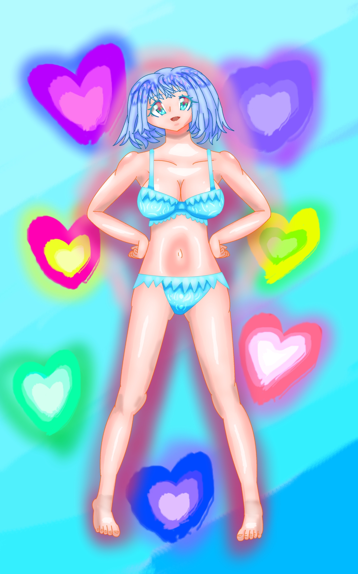 立ち絵素材30全裸,衣装差分つき表情差分20種フリルワンピースの蒼髪女の子