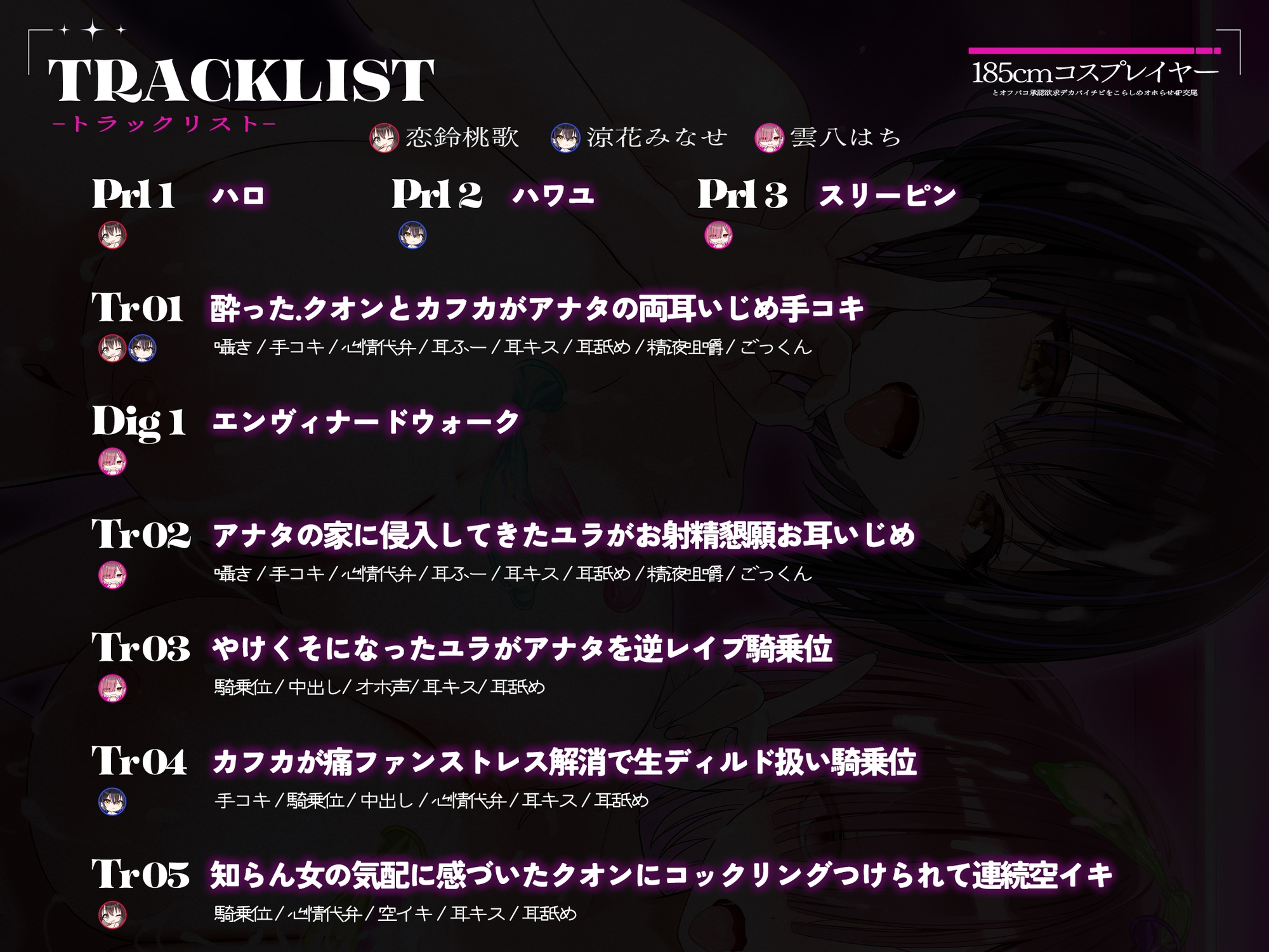 【2周年記念110円/約3時間半キス音特化フォーリー】185cmコスプレイヤーとオフパコpart3~承認欲求デカパイチビをこらしめオホらせ4P交尾~