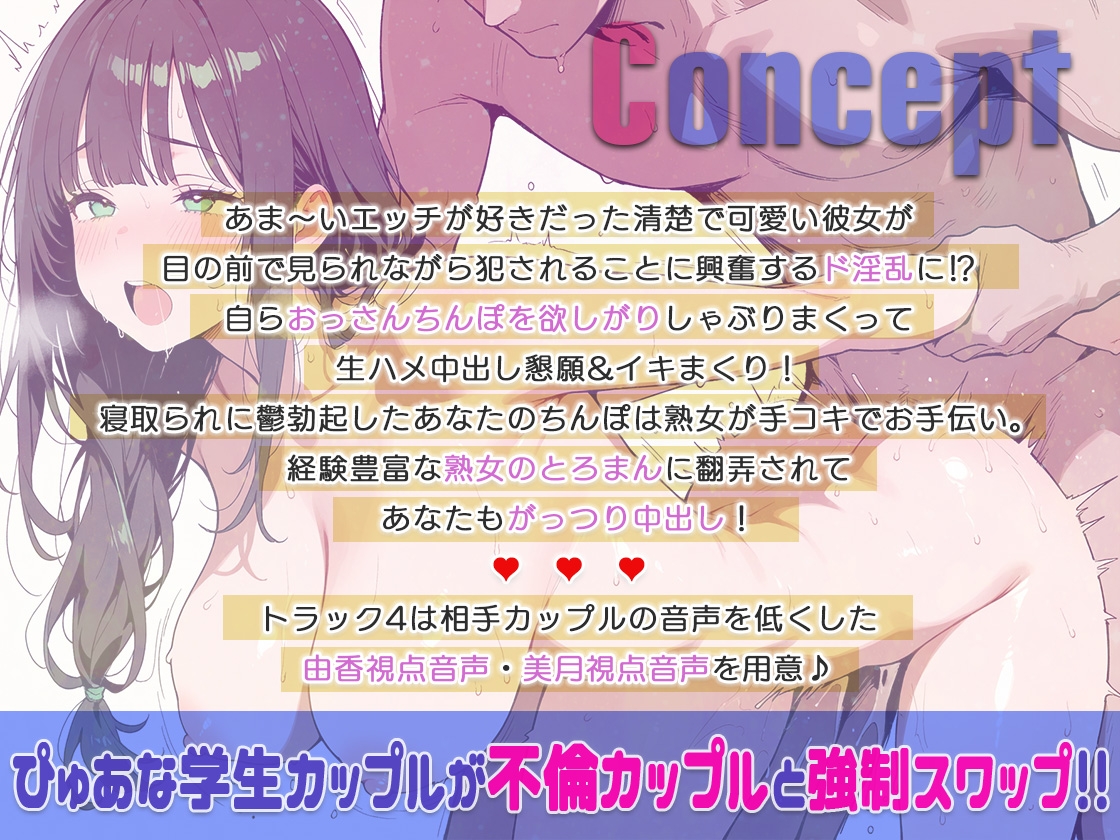 【不倫カップルとスワップ】バイト先店長に目前犯され絶頂する彼女見ながら鬱勃起ちんぽ熟女のトロまんに生ハメ中出し！【KU-100】