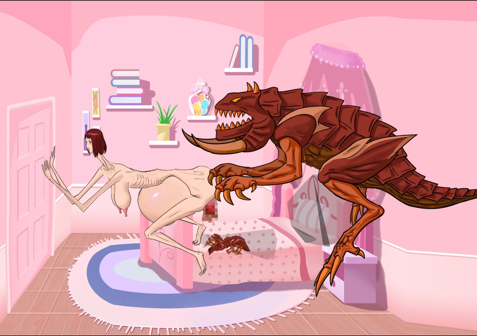 背が高くて痩せ型の女性が、角のある怪物に貫かれて子熊を出産した