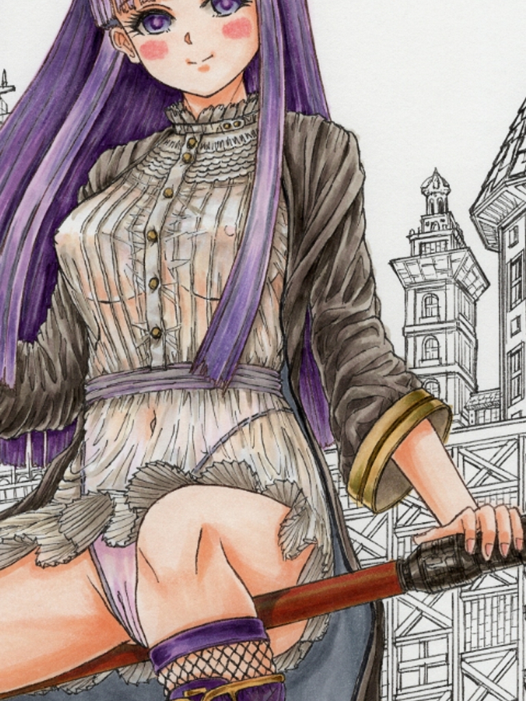 葬送のフリー〇ン、フリー〇ンとゲストキャラのイラスト。アナログのコピック系作品(フリー〇ン、アウ〇、フェル〇、ラビー〇&カン〇)