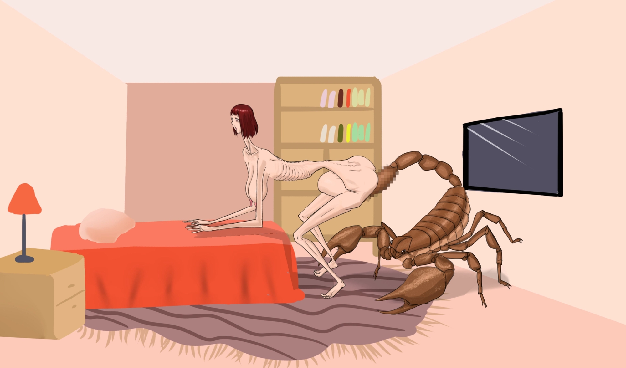 背が高く痩せた女性が寝室のベッドでアリゾナ樹皮サソリによる性的暴行を受け、膣脱出を起こした