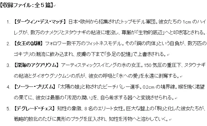 禁忌アーカイブleaked 短編集03 ハイレグと蟲責めにこだわったフェチ小説 真・地獄のガマン:女神たちの自尊心を粉砕する5つの持久実験