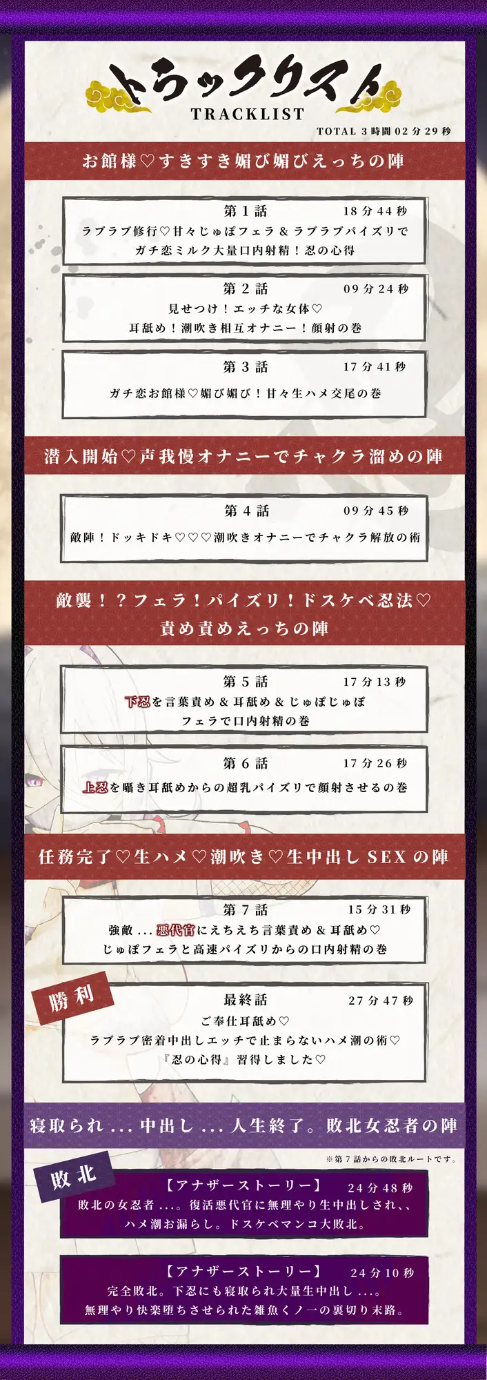 【KU100】【3時間OVER】【NTR×ハメ潮×孕ませ】〜爆乳くノ一ガチ恋の巻〜「くノ一 VS 下忍・上忍・悪代官」おちんぽ媚び媚びの術【CV分倍河原シホ】