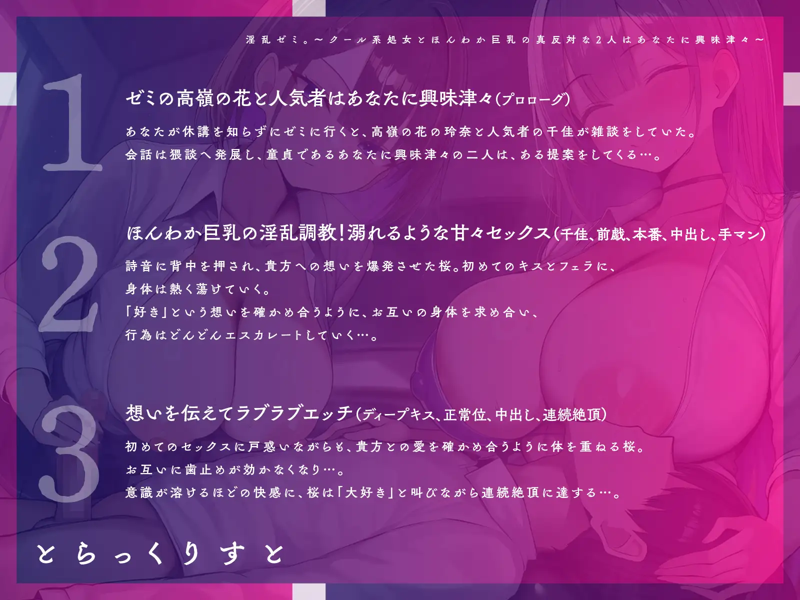 淫乱ゼミ。~クール系処女とほんわか巨乳の真反対な2人はあなたに興味津々~【KU100】