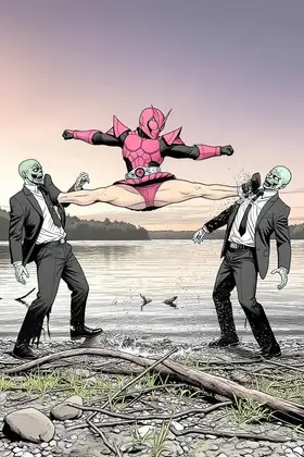 ミニスカ仮〇ライダー5号 VS 湖畔のゾンビ軍団:180cmの女刑事の股間に突き刺さったジェイソンの肉棒の凌○の罠と逆襲の月輪蹴り