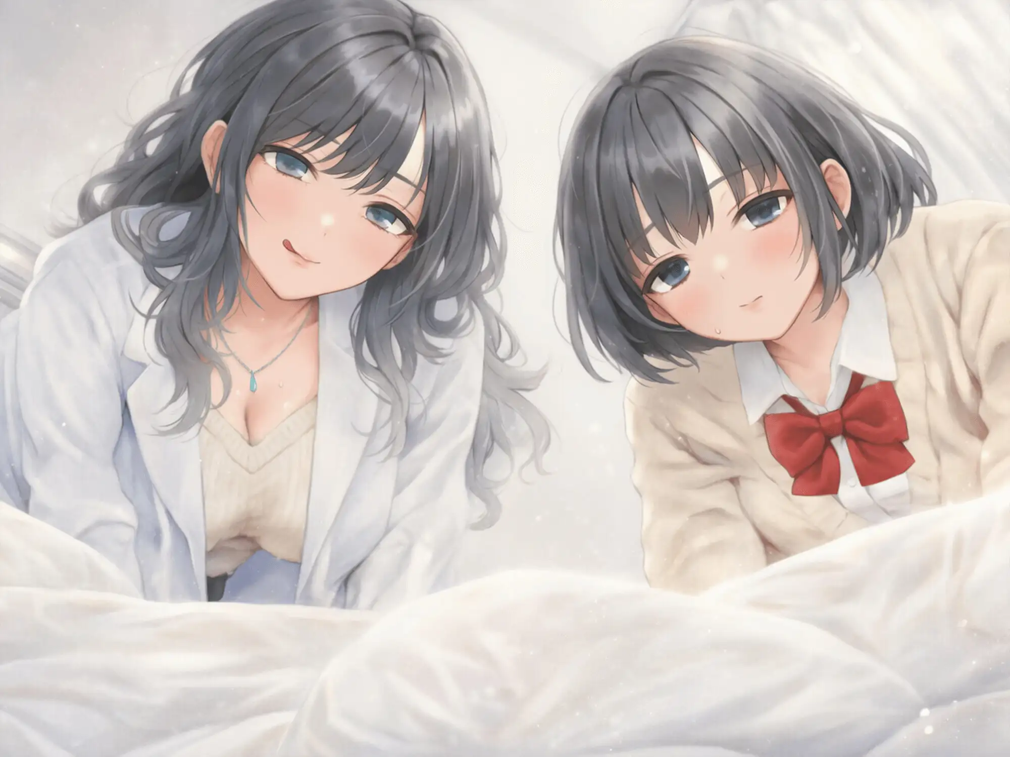 【KU100】保健室でダウナー姉妹のW責め〜姉の囁き誘導で妹潮吹き連続〜「童貞もらっちゃうね?」