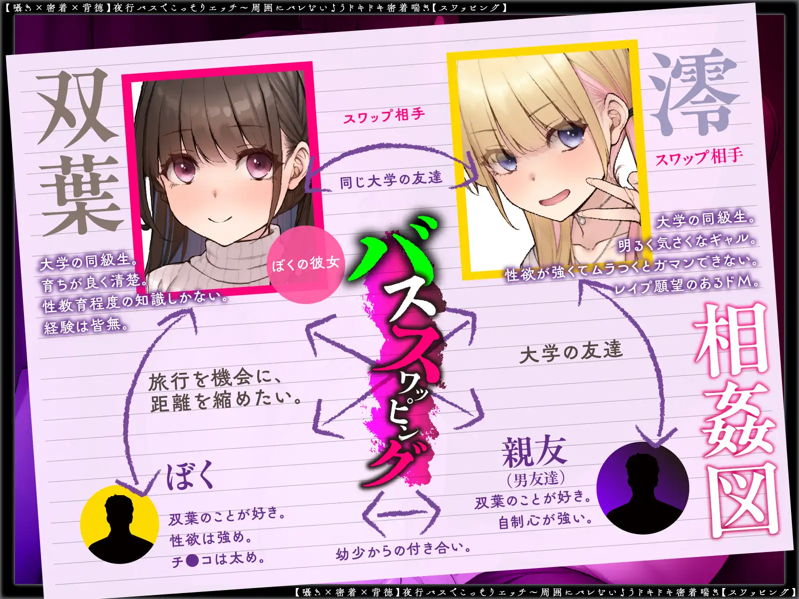 【囁き×密着】夜行バスでこっそりエッチ～周囲にバレないようドキドキ密着喘ぎ【スワッピング】