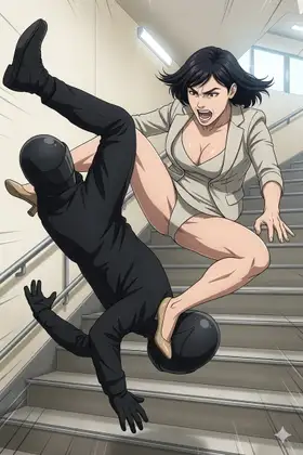 ミニスカアラサー刑事、水野真由美(30)、おまんこに食い込む白いパンティを見せつけてのパンチラハイキックで都庁を乗っ取った男達を蹴り倒す