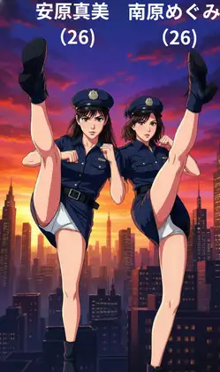 ミニスカ刑事の安原真美(26)と南原めぐみ(26)が白いパンティを見せつけてのパンチラハイキックで悪のグループを蹴り倒す