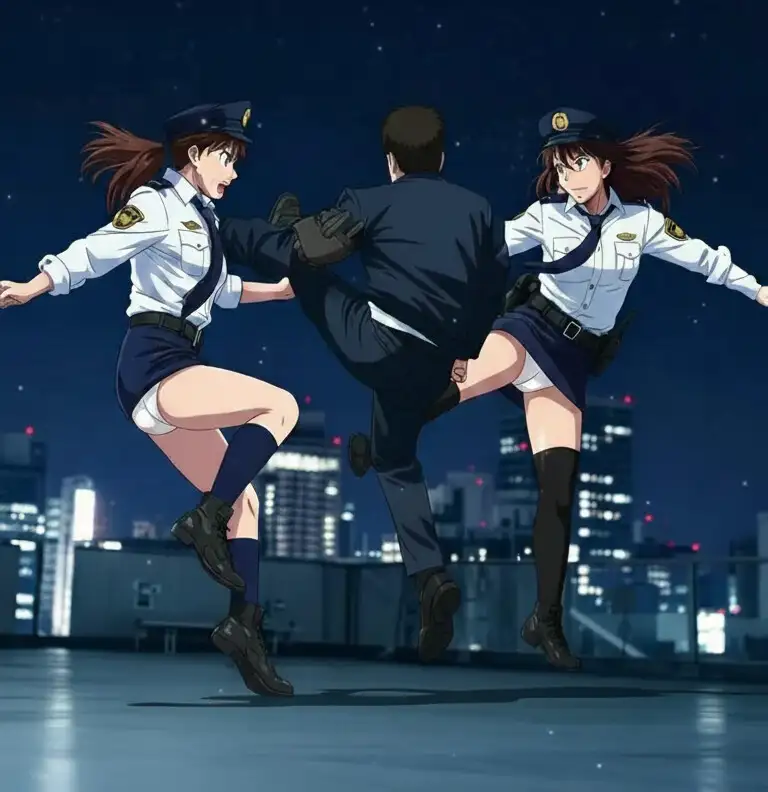 ミニスカ刑事の安原真美(26)と南原めぐみ(26)が白いパンティを見せつけてのパンチラハイキックで悪のグループを蹴り倒す