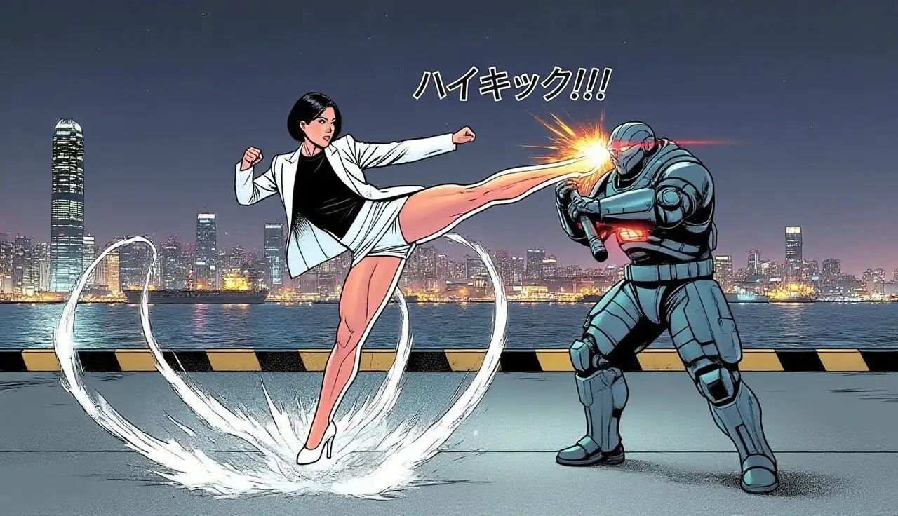 身長180cmのミニスカ筋肉処女刑事、赤星玲(25)が生足一つでパンティまる出しで傭兵やロボットを蹴り倒す